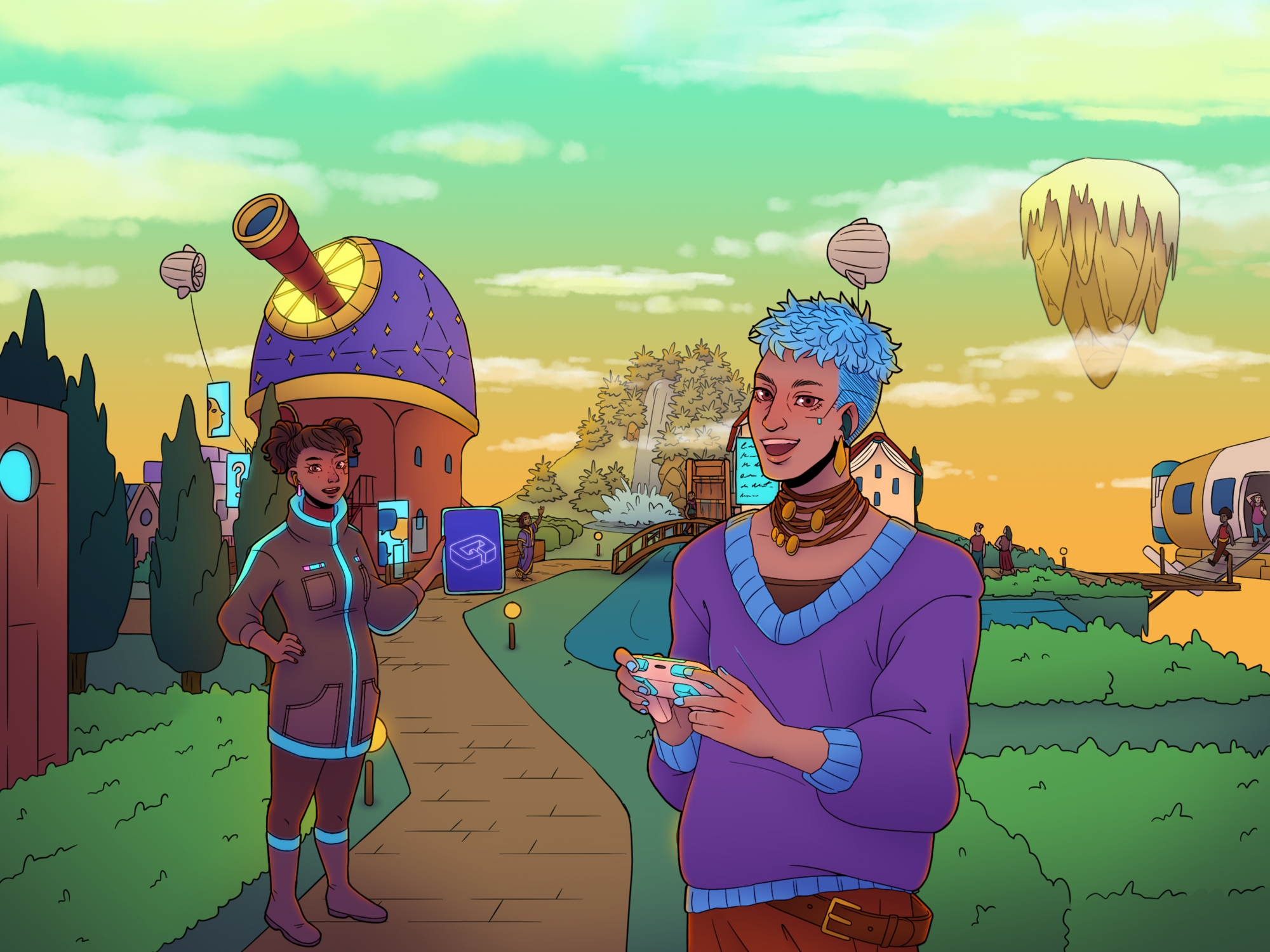 Grafik mit zwei Figuren, die einladend vor einem Weg stehen, der in ein Dorf führt. Die vordere Figur hat einen lila Pullover und blaue Haare. Im Hintergrund sieht man eine Art Observatorium mit lila Dach und eine in der Luft schwebende Insel. 