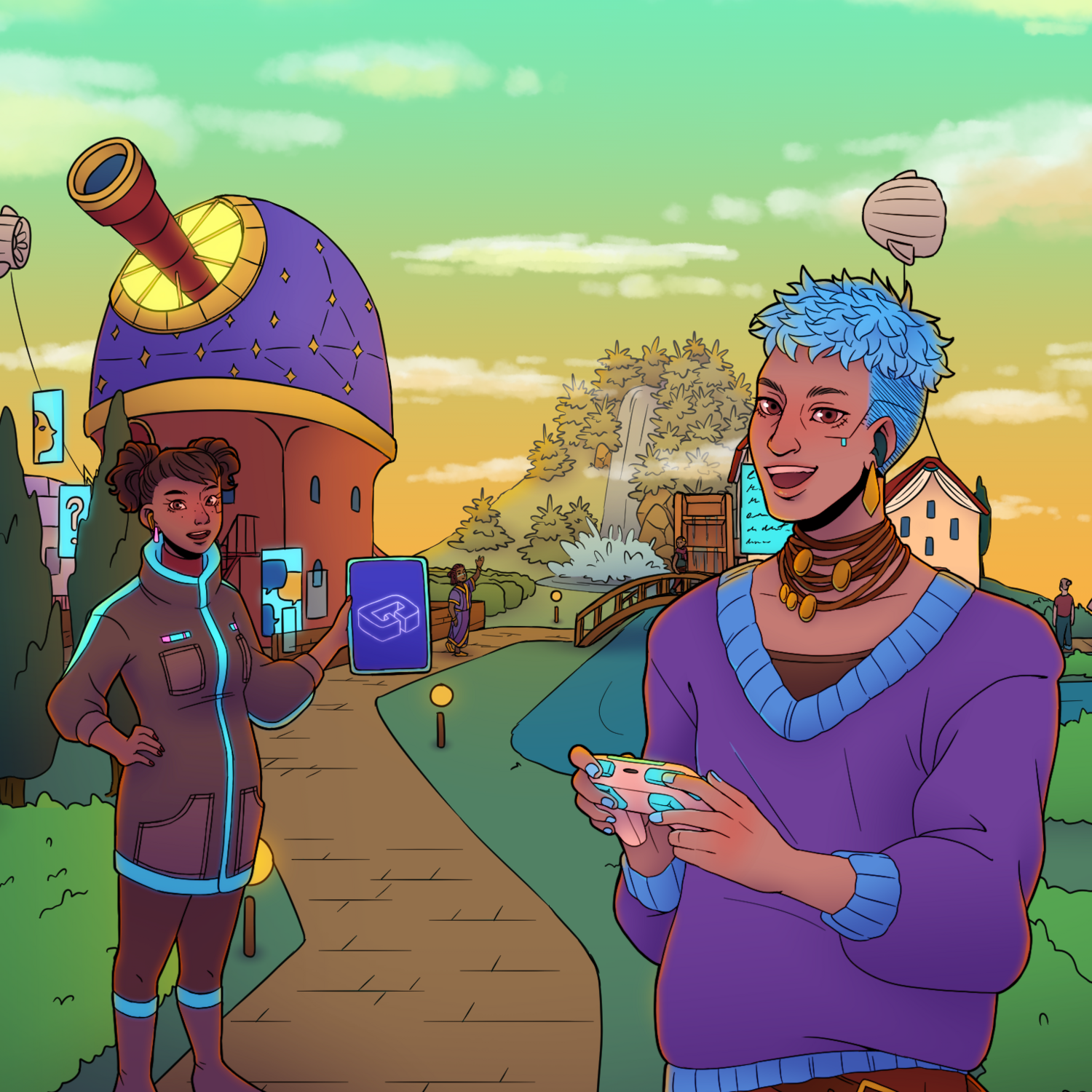 Grafik mit zwei Figuren, die einladend vor einem Weg stehen, der in ein Dorf führt. Die vordere Figur hat einen lila Pullover und blaue Haare. Im Hintergrund sieht man eine Art Observatorium mit lila Dach und eine in der Luft schwebende Insel. 