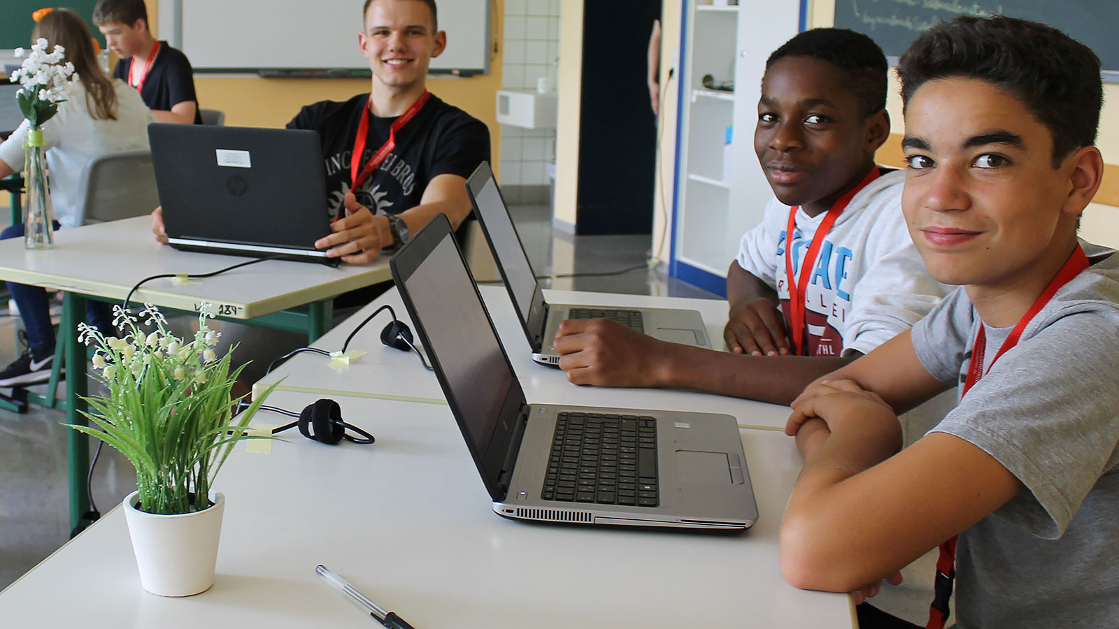 Mehrere Jugendliche sitzen in einem Klassenraum und arbeiten an Laptops.
