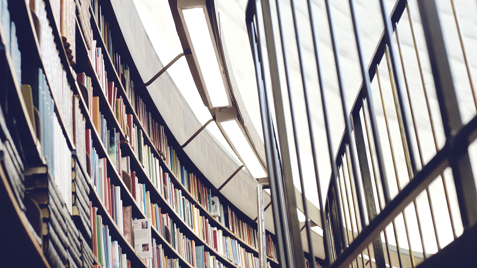 Bibliothek mit vielen Regalen und großen Glasfenstern.