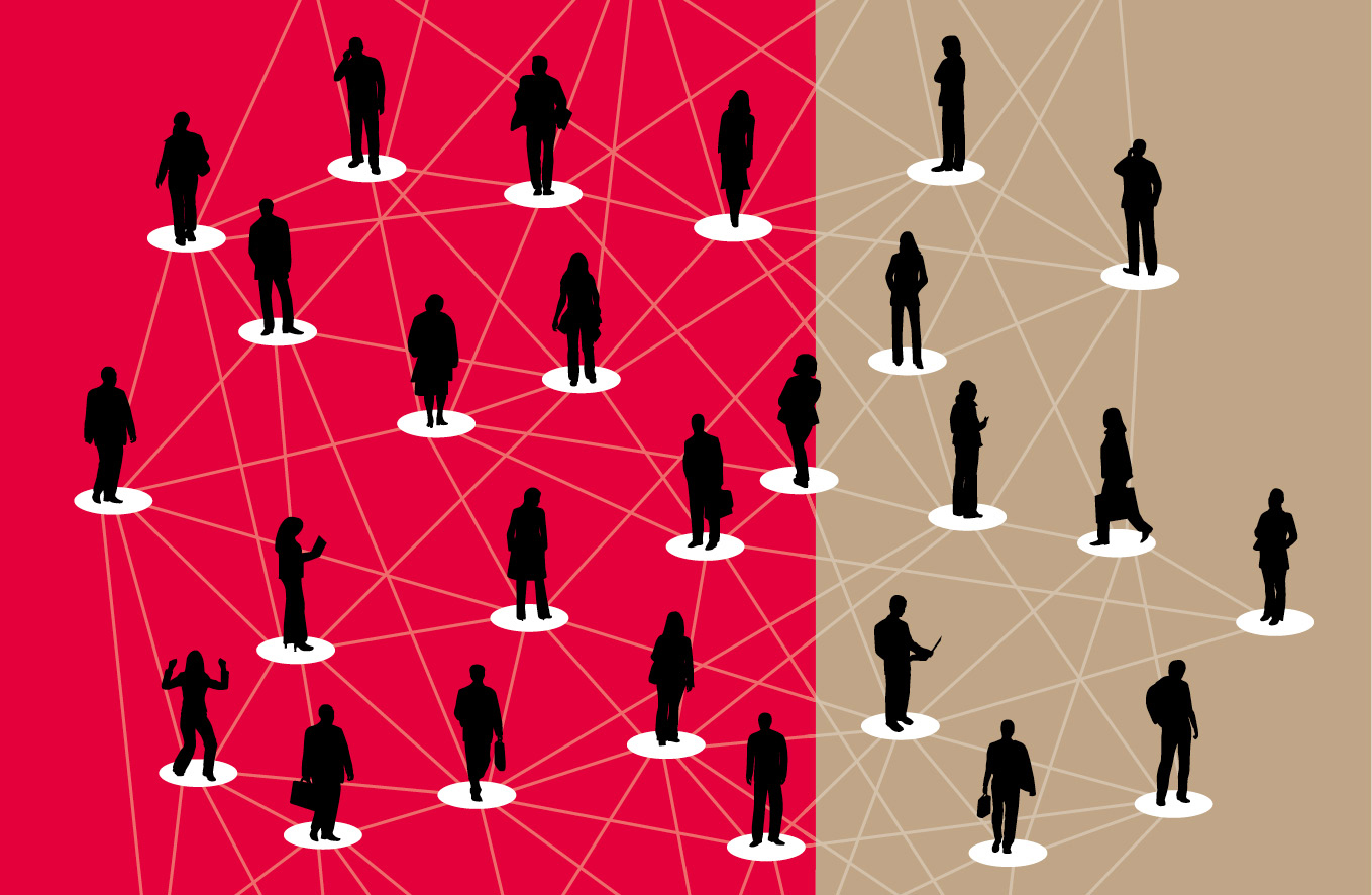Silhouetten von Menschen auf rotem Grund, die mit weißen Linien vernetzt sind